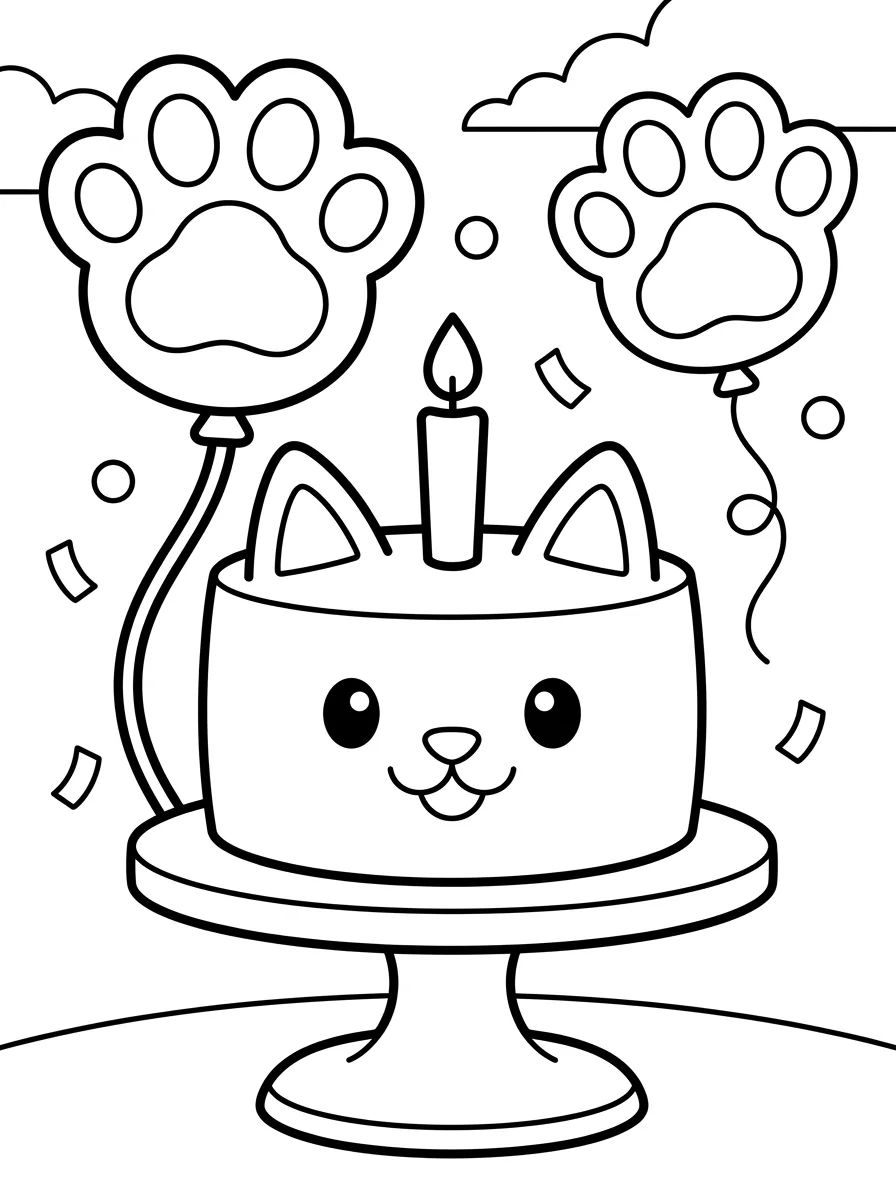 Bolo Gato com Balões de Festa para colorir Desenho de Bolo Gato com Balões de Festa para colorir e imprimir grátis