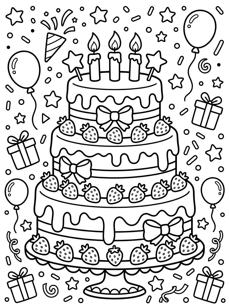 Bolo de Aniversário de Três Andares para colorir Desenho de Bolo de Aniversário de Três Andares para colorir e imprimir grátis