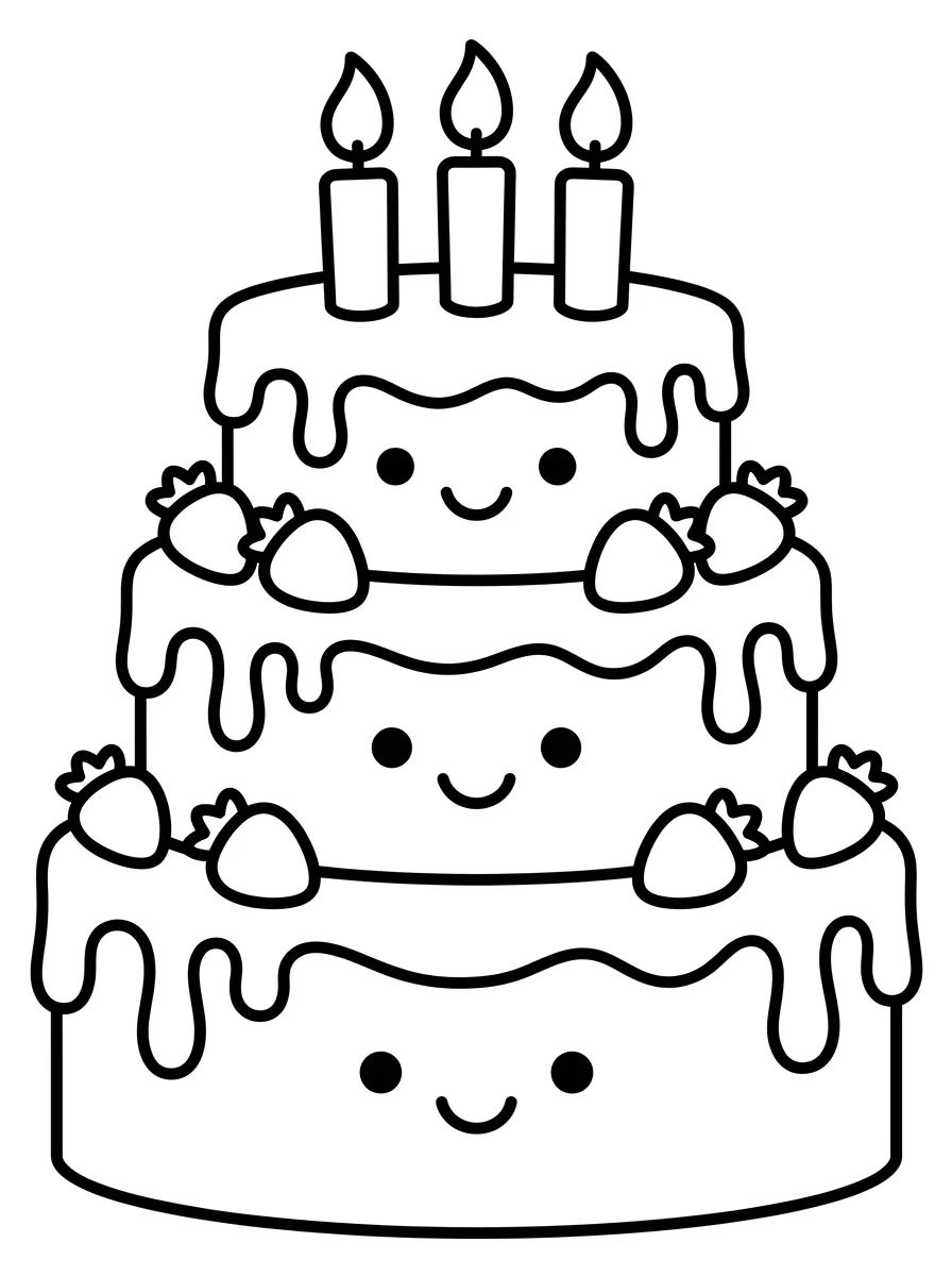 Bolo de Aniversário Kawaii de Três Andares para colorir Desenho de Bolo de Aniversário Kawaii de Três Andares para colorir e imprimir grátis