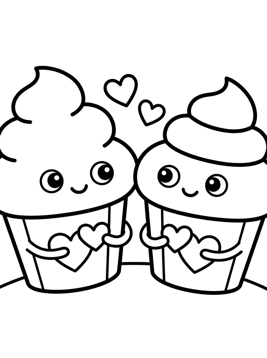 Casal de Cupcakes Apaixonados para colorir Desenho de Casal de Cupcakes Apaixonados para colorir e imprimir grátis