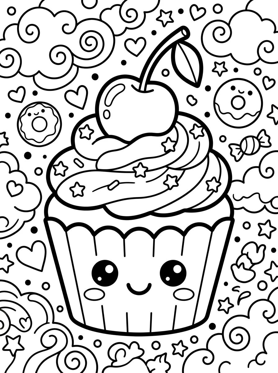 Cupcake Kawaii Sorridente com Cereja para colorir Desenho de Cupcake Kawaii Sorridente com Cereja para colorir e imprimir grátis