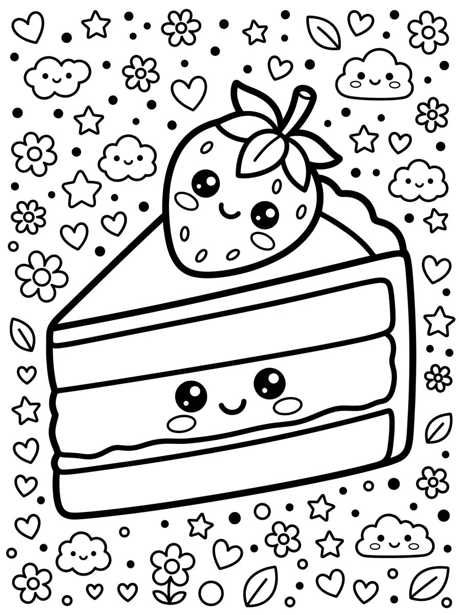 Fatia de Bolo de Morango Feliz para colorir Desenho de Fatia de Bolo de Morango Feliz para colorir e imprimir grátis