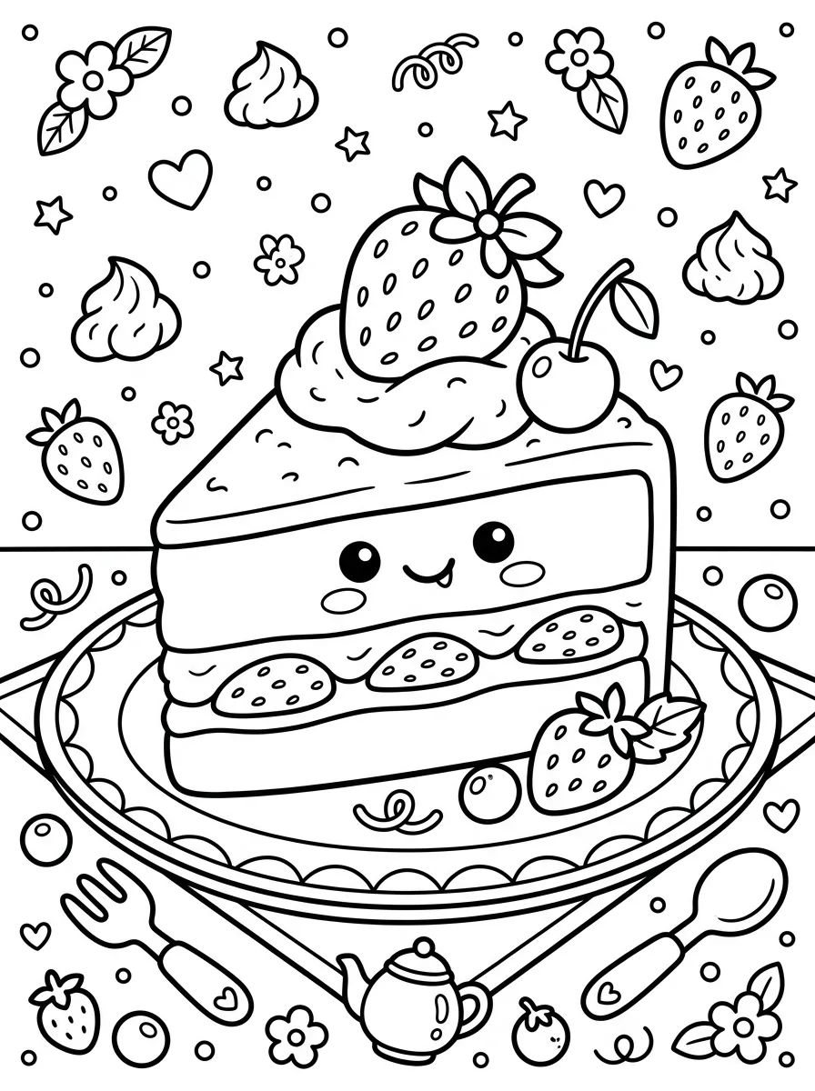Fatia de Bolo de Morango Kawaii para colorir Desenho de Fatia de Bolo de Morango Kawaii para colorir e imprimir grátis
