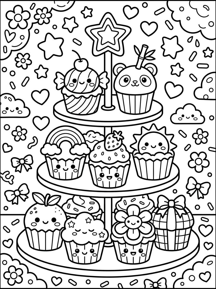 Torre de Mini Cupcakes Coloridos para colorir Desenho de Torre de Mini Cupcakes Coloridos para colorir e imprimir grátis