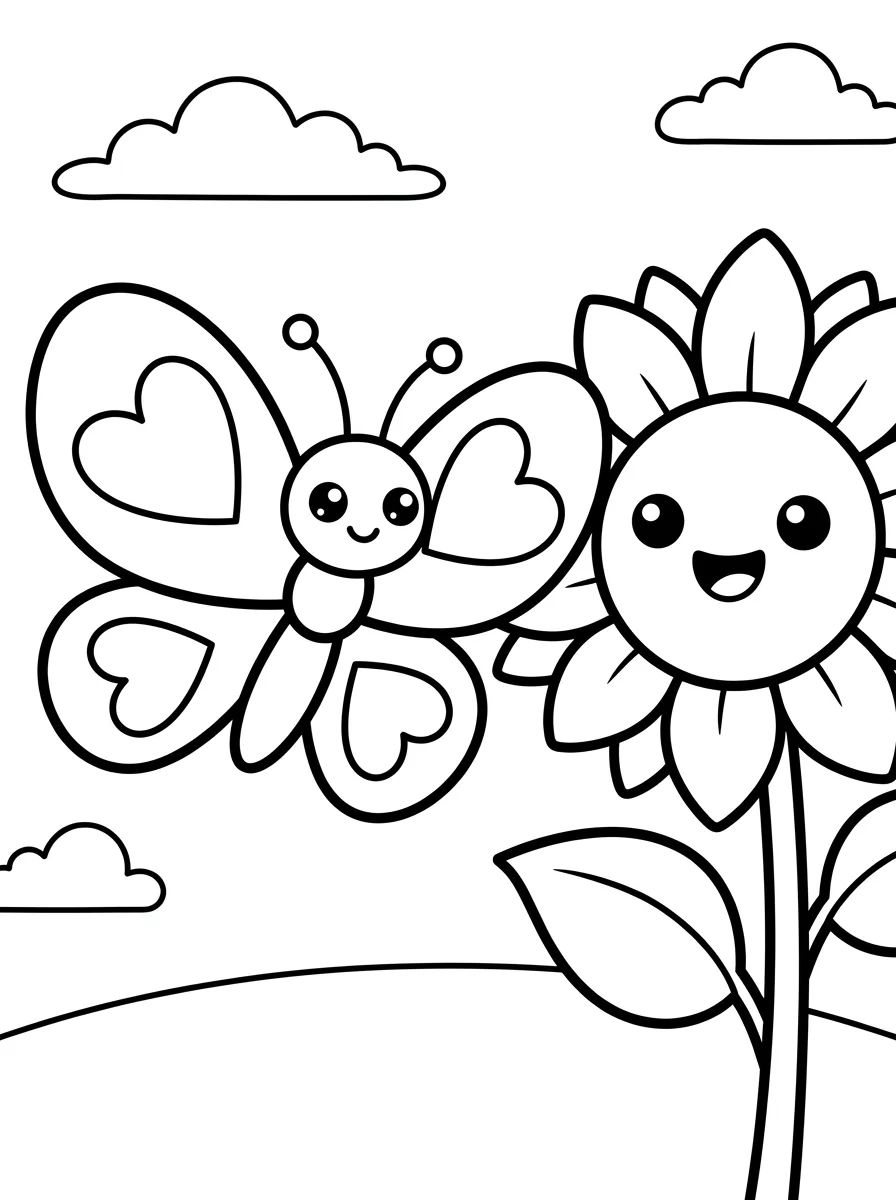 Borboleta com Asas de Coração e Girassol para colorir Desenho de Borboleta com Asas de Coração e Girassol para colorir e imprimir grátis