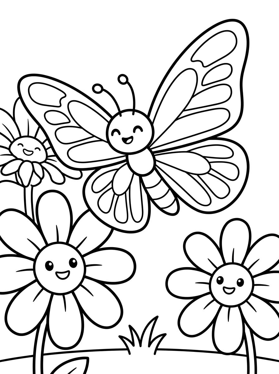 Borboleta Feliz entre Flores para colorir Desenho de Borboleta Feliz entre Flores para colorir e imprimir grátis