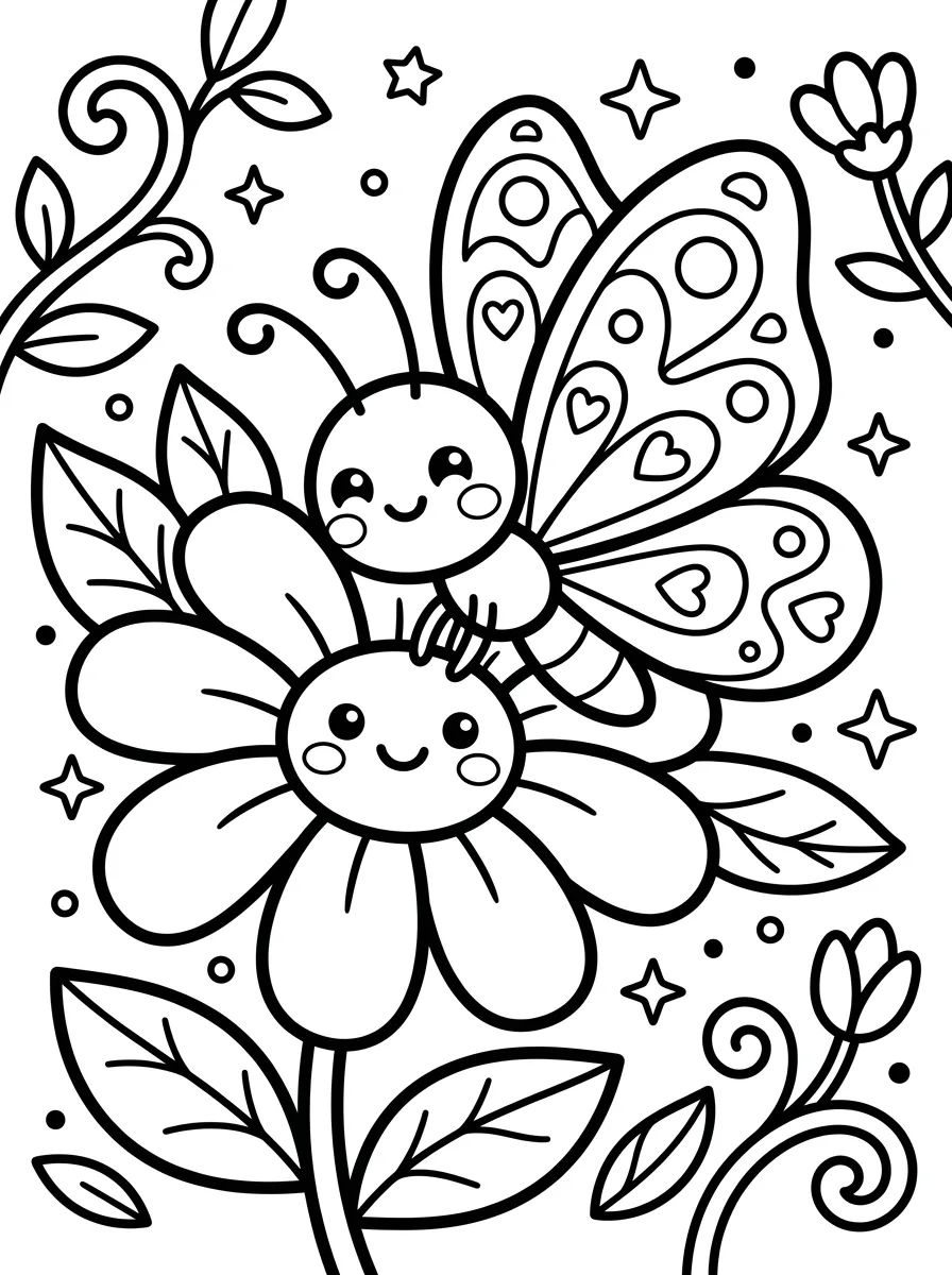 Borboleta na Flor Feliz para colorir Desenho de Borboleta na Flor Feliz para colorir e imprimir grátis