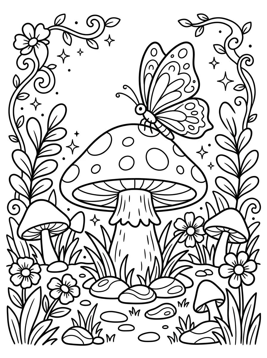 Borboleta no Cogumelo Mágico para colorir Desenho de Borboleta no Cogumelo Mágico para colorir e imprimir grátis