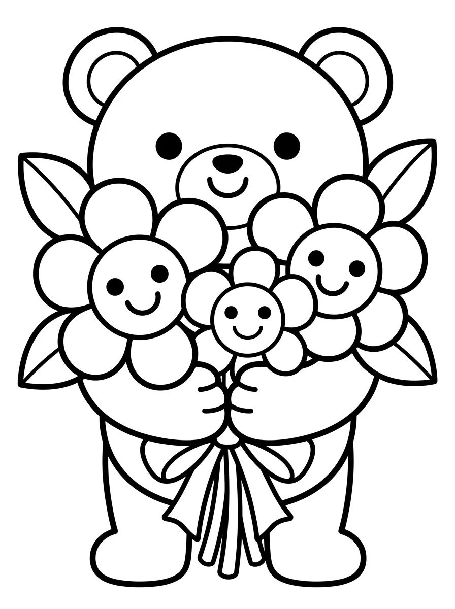 Buquê de Flores com Ursinho Kawaii para colorir Desenho de Buquê de Flores com Ursinho Kawaii para colorir e imprimir grátis