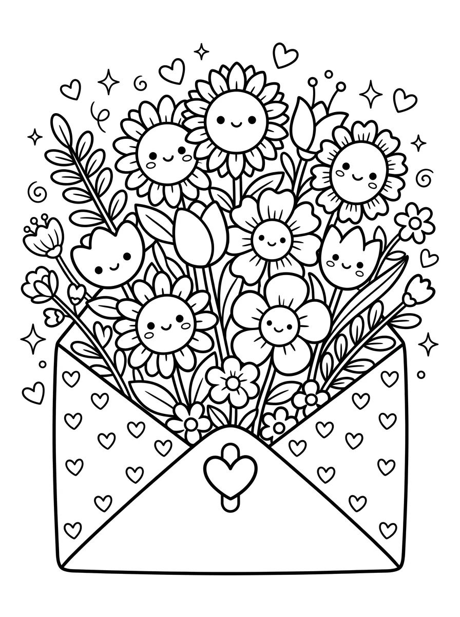 Buquê de Flores Mix no Envelope para colorir Desenho de Buquê de Flores Mix no Envelope para colorir e imprimir grátis
