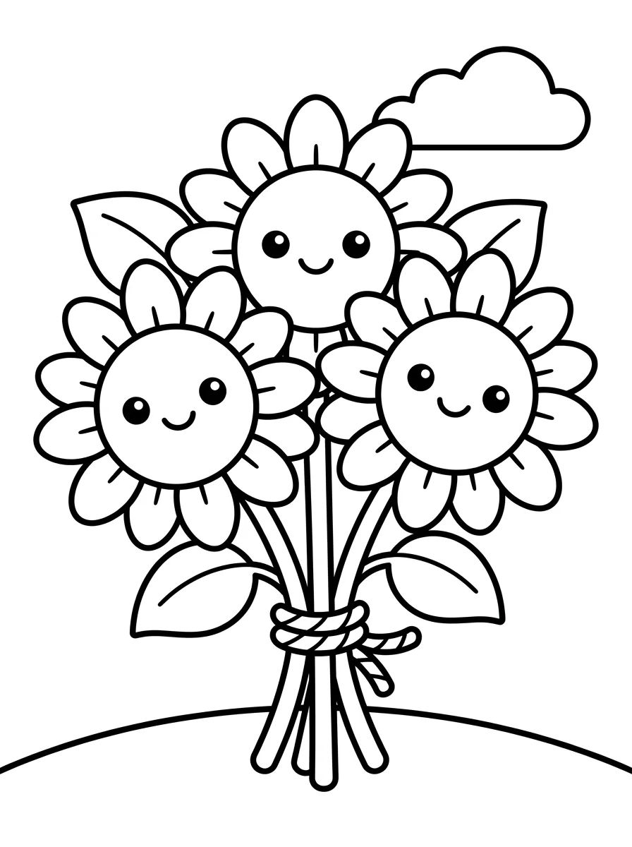 Buquê de Girassóis Felizes para colorir Desenho de Buquê de Girassóis Felizes para colorir e imprimir grátis