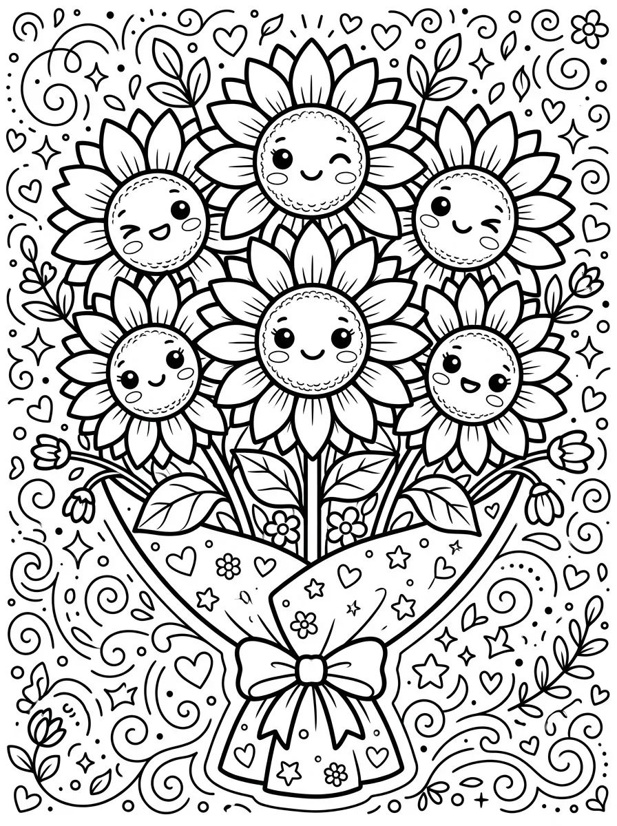 Buquê de Girassóis Felizes para colorir Desenho de Buquê de Girassóis Felizes para colorir e imprimir grátis