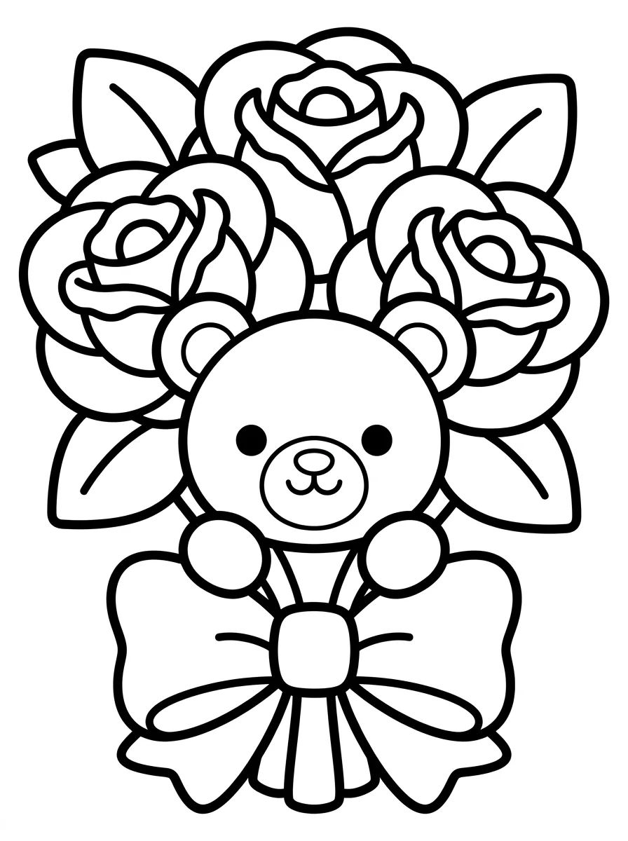 Rose Bouquet with Cute Teddy Bear para colorir Desenho de Rose Bouquet with Cute Teddy Bear para colorir e imprimir grátis