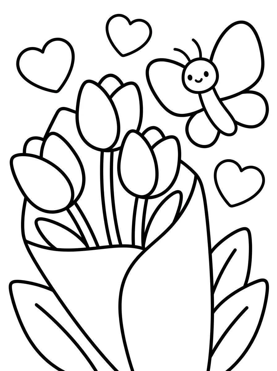 Tulip Bouquet and Butterfly para colorir Desenho de Tulip Bouquet and Butterfly para colorir e imprimir grátis