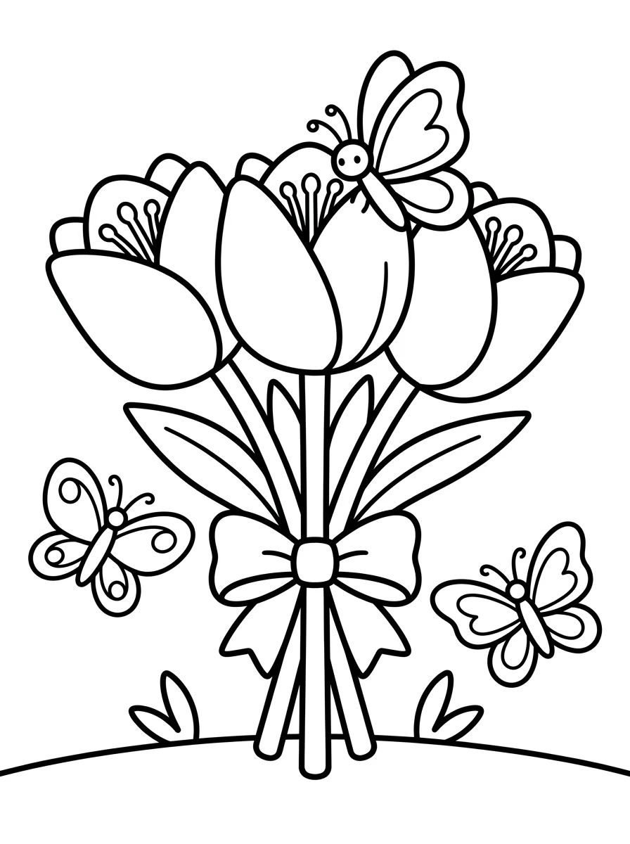 Buquê de Tulipas e Borboletas para colorir Desenho de Buquê de Tulipas e Borboletas para colorir e imprimir grátis