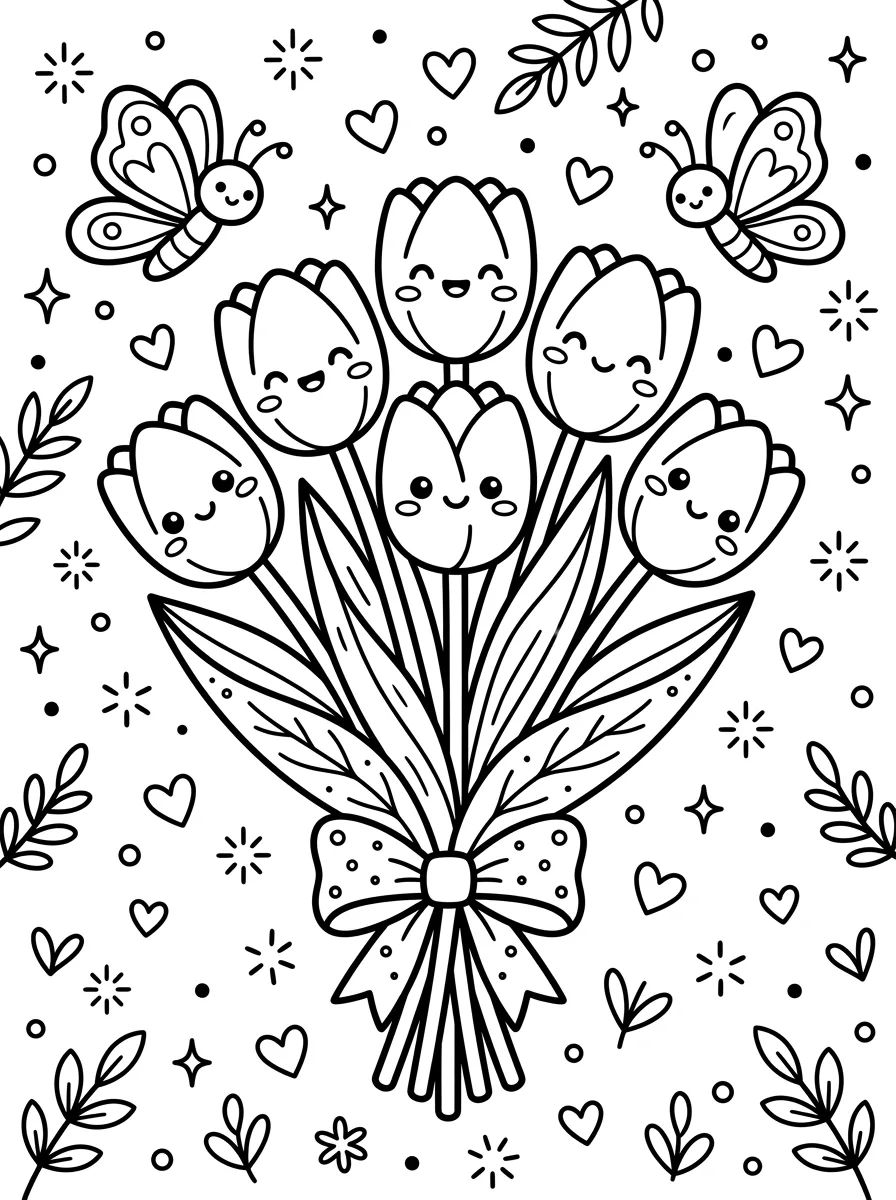Buquê de Tulipas e Borboletas para colorir Desenho de Buquê de Tulipas e Borboletas para colorir e imprimir grátis