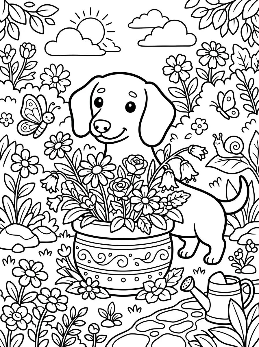Cachorro Salsicha no Jardim para colorir Desenho de Cachorro Salsicha no Jardim para colorir e imprimir grátis