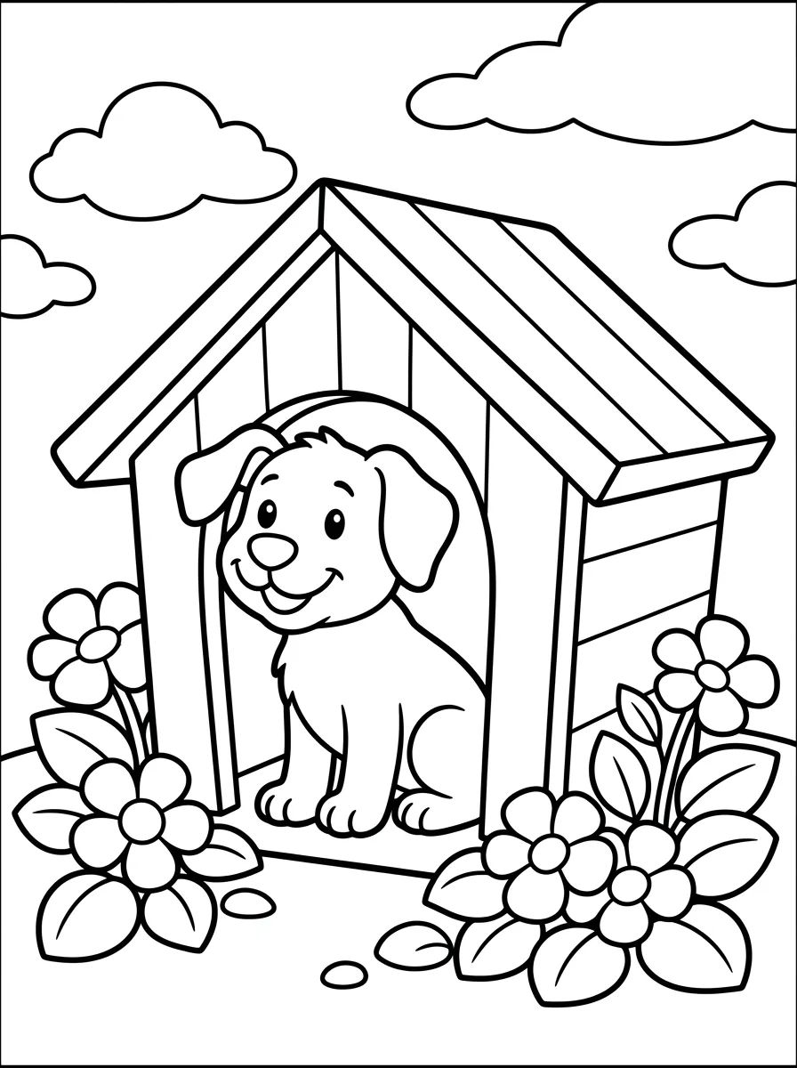Cãozinho Feliz na Casinha para colorir Desenho de Cãozinho Feliz na Casinha para colorir e imprimir grátis
