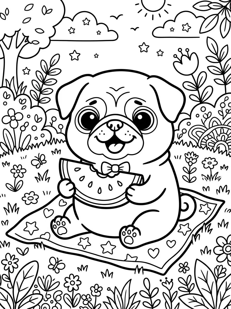 Pug Kawaii Comendo Melancia para colorir Desenho de Pug Kawaii Comendo Melancia para colorir e imprimir grátis