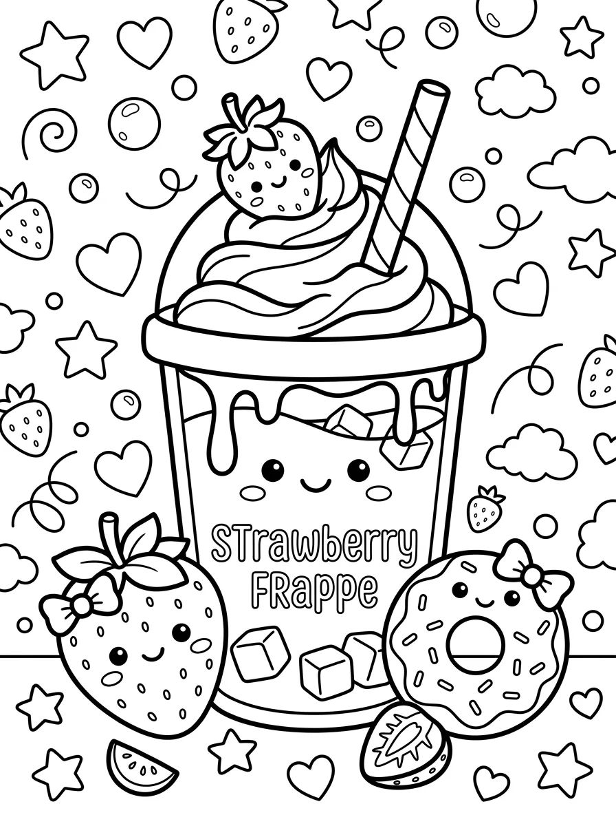 Strawberry Kawaii Frappuccino para colorir Desenho de Strawberry Kawaii Frappuccino para colorir e imprimir grátis