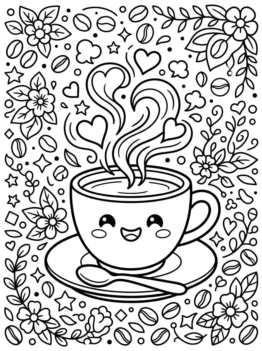 Xícara de Café Fofa para colorir Desenho de Xícara de Café Fofa para colorir e imprimir grátis