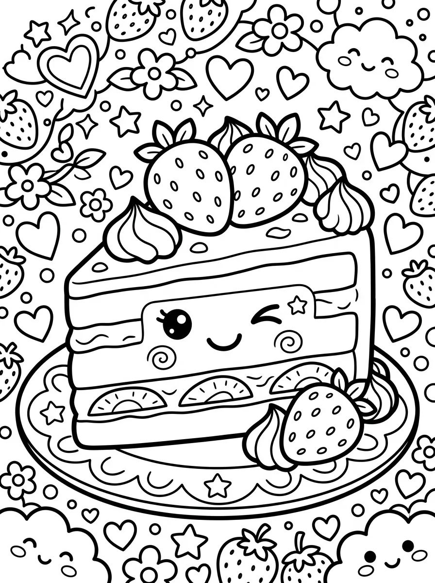 Bolo de Morango Kawaii para colorir Desenho de Bolo de Morango Kawaii para colorir e imprimir grátis