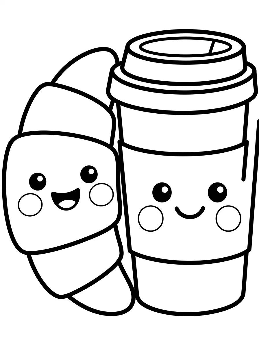 Croissant Fofo e Copo de Café para colorir Desenho de Croissant Fofo e Copo de Café para colorir e imprimir grátis