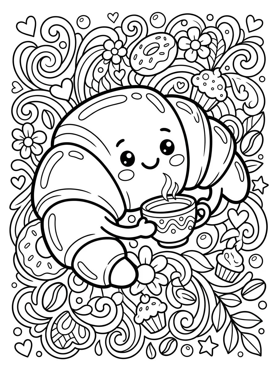 Croissant Kawaii Sorridente para colorir Desenho de Croissant Kawaii Sorridente para colorir e imprimir grátis
