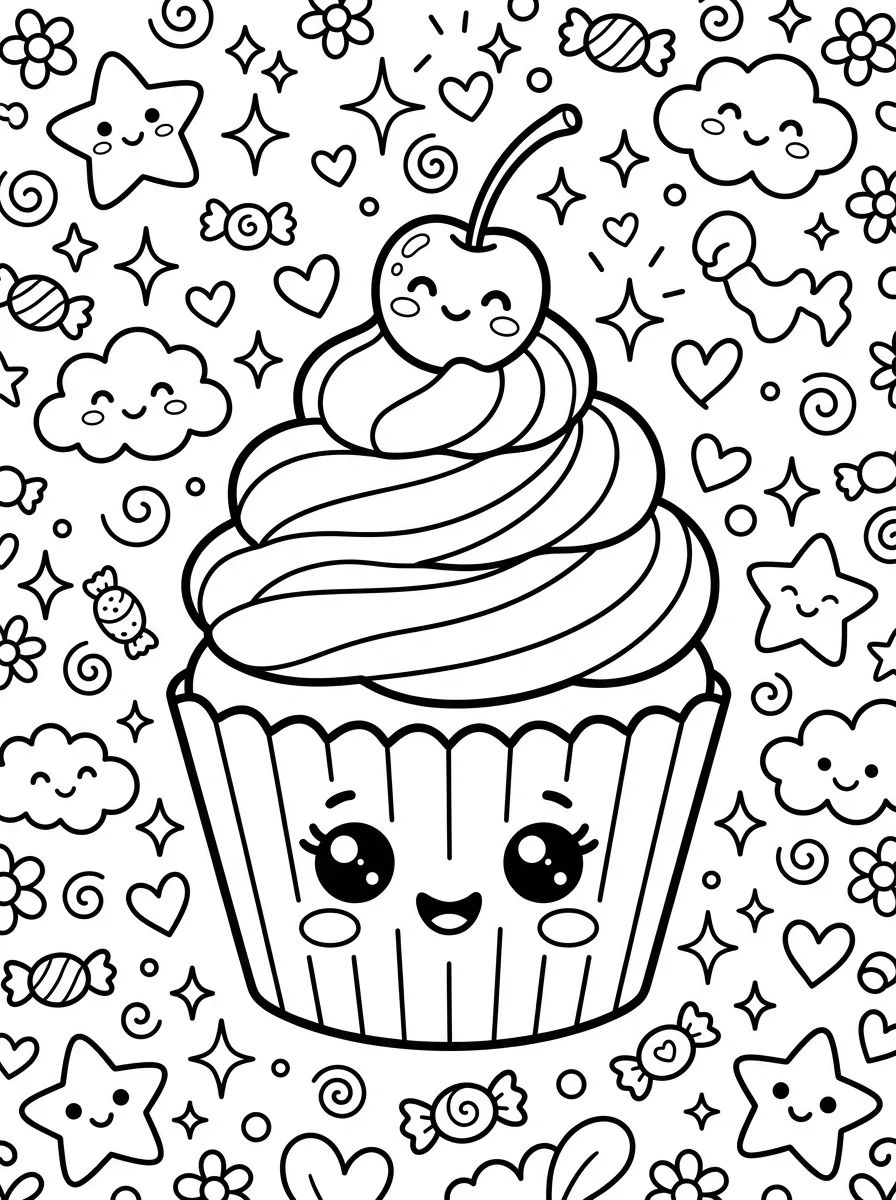 Cupcake com Cereja Fofo para colorir Desenho de Cupcake com Cereja Fofo para colorir e imprimir grátis