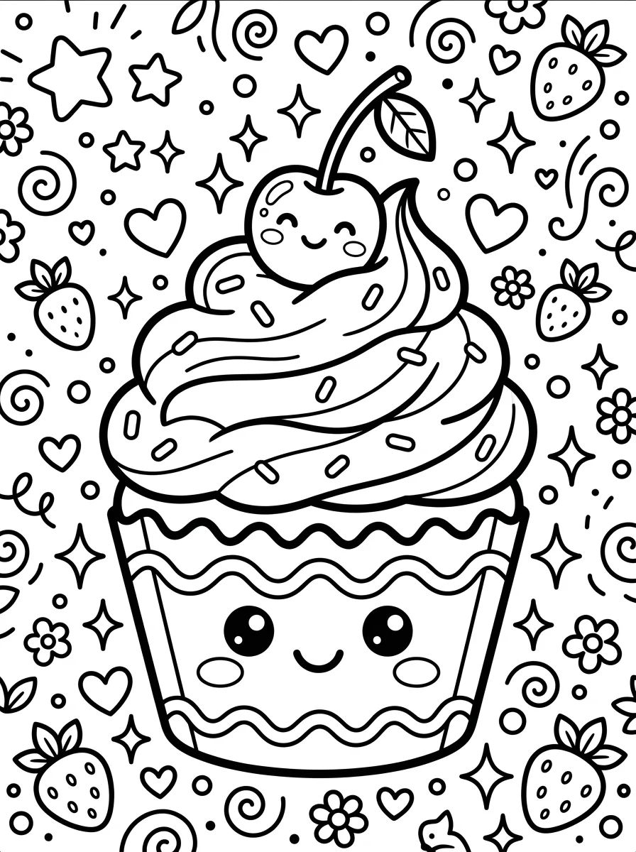 Cupcake Fofo com Cereja para colorir Desenho de Cupcake Fofo com Cereja para colorir e imprimir grátis