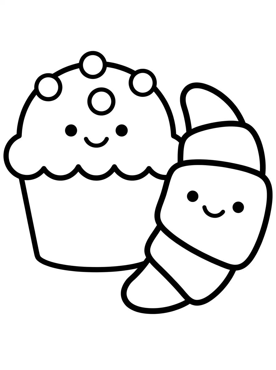 Cupcake Kawaii e Croissant para colorir Desenho de Cupcake Kawaii e Croissant para colorir e imprimir grátis