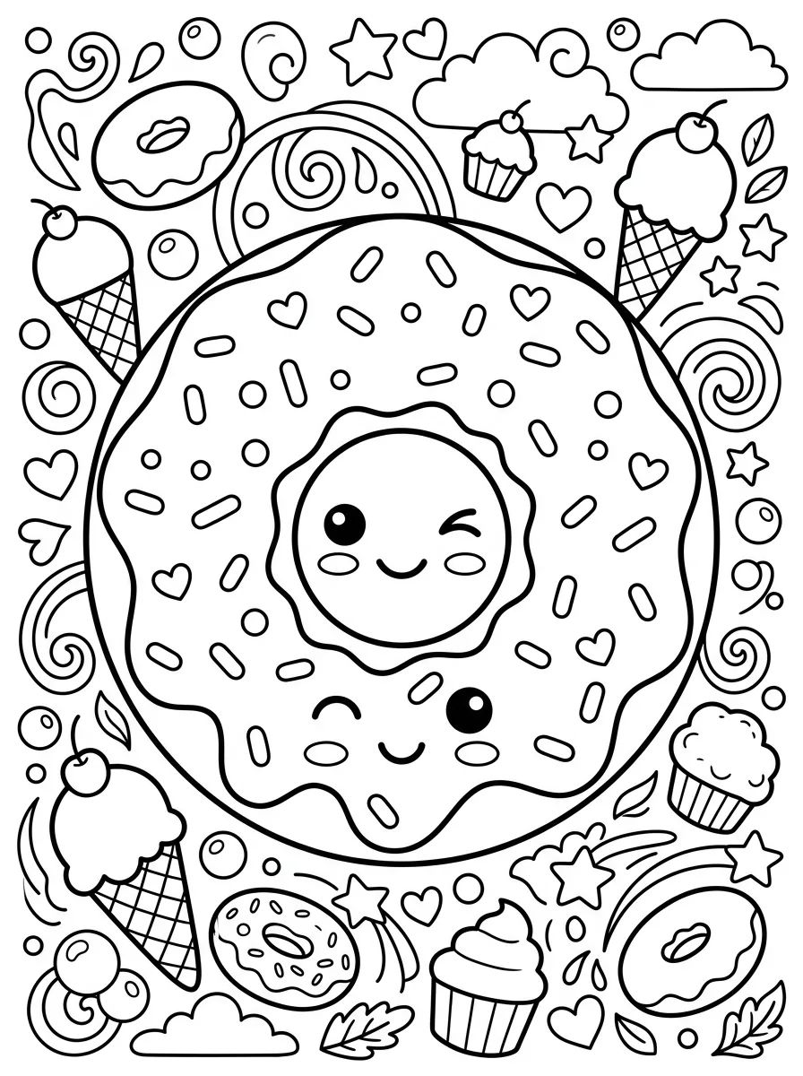 Donut com Granulado Kawaii para colorir Desenho de Donut com Granulado Kawaii para colorir e imprimir grátis