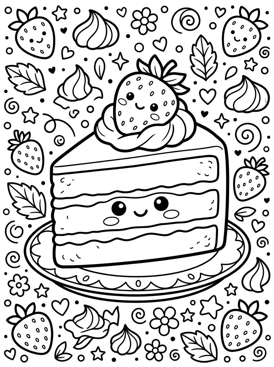Fatia de Bolo de Morango Fofa para colorir Desenho de Fatia de Bolo de Morango Fofa para colorir e imprimir grátis