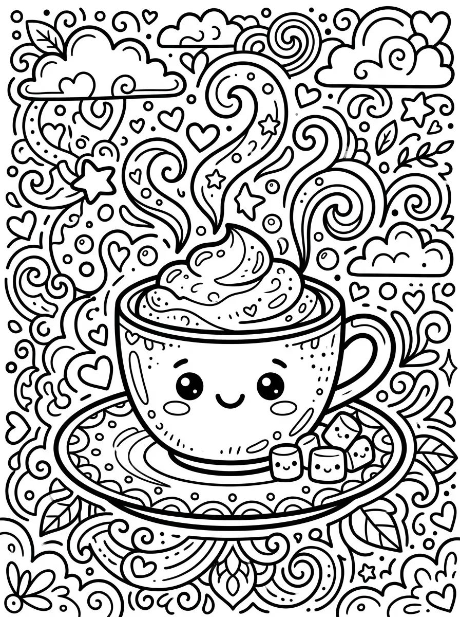 Xícara de Cappuccino Kawaii para colorir Desenho de Xícara de Cappuccino Kawaii para colorir e imprimir grátis