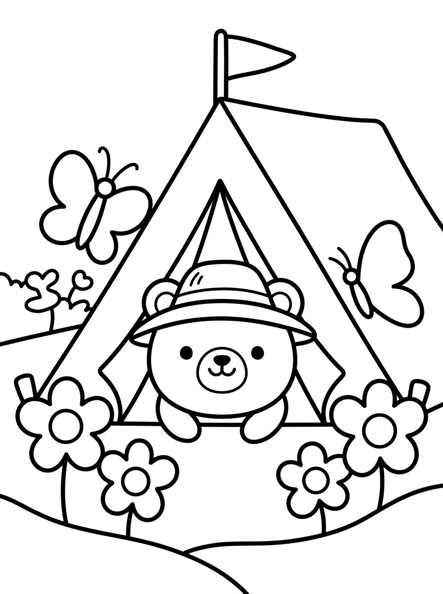 Ursinho Kawaii na Barraca de Acampamento para colorir Desenho de Ursinho Kawaii na Barraca de Acampamento para colorir e imprimir grátis