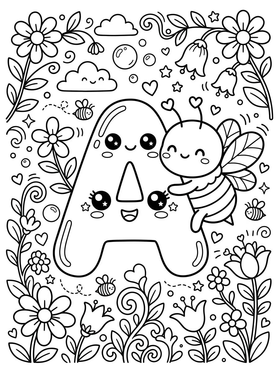 Letra A da Abelhinha Kawaii para colorir Desenho de Letra A da Abelhinha Kawaii para colorir e imprimir grátis