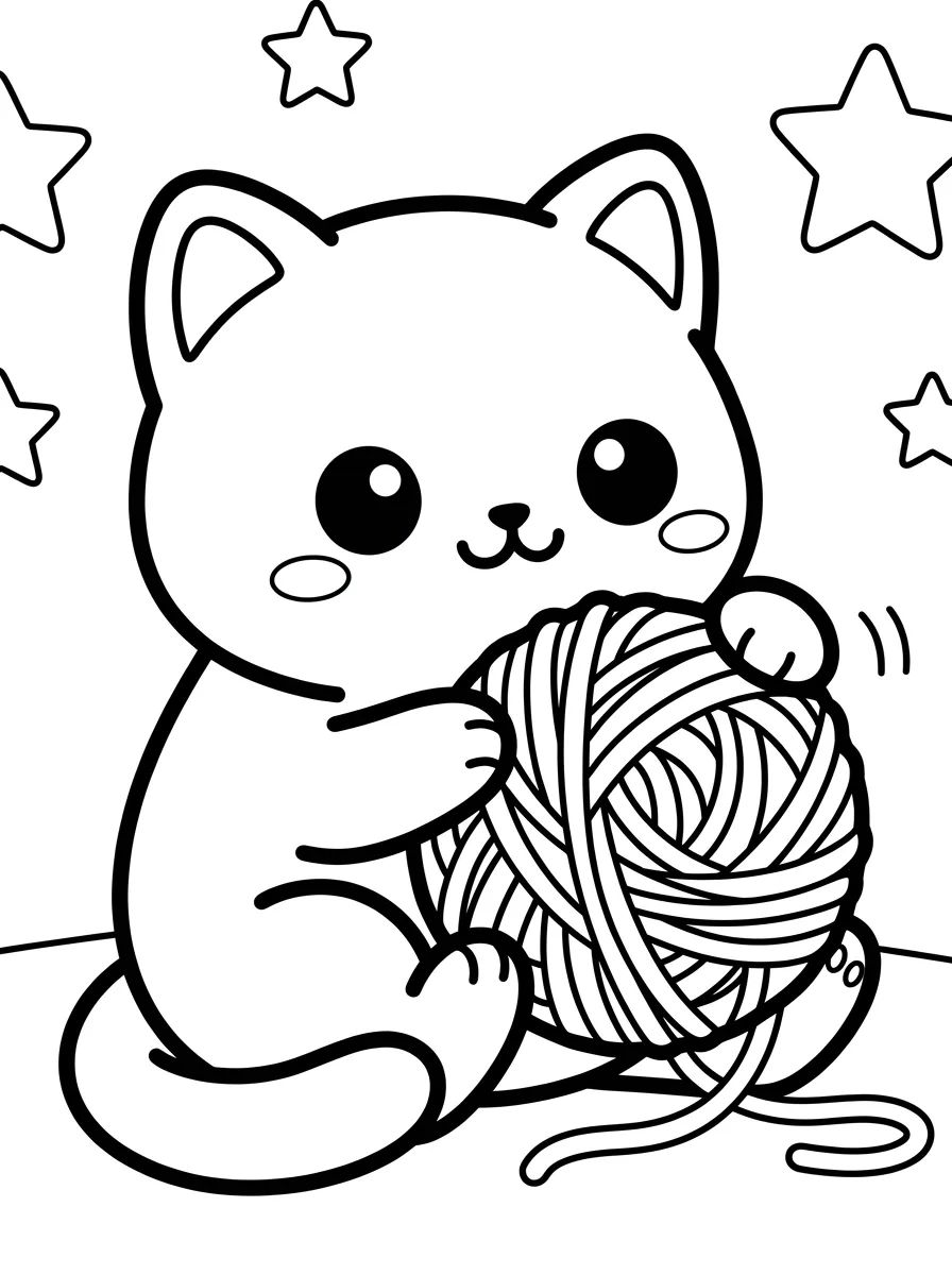Kawaii Kitty with Yarn Ball para colorir Desenho de Kawaii Kitty with Yarn Ball para colorir e imprimir grátis