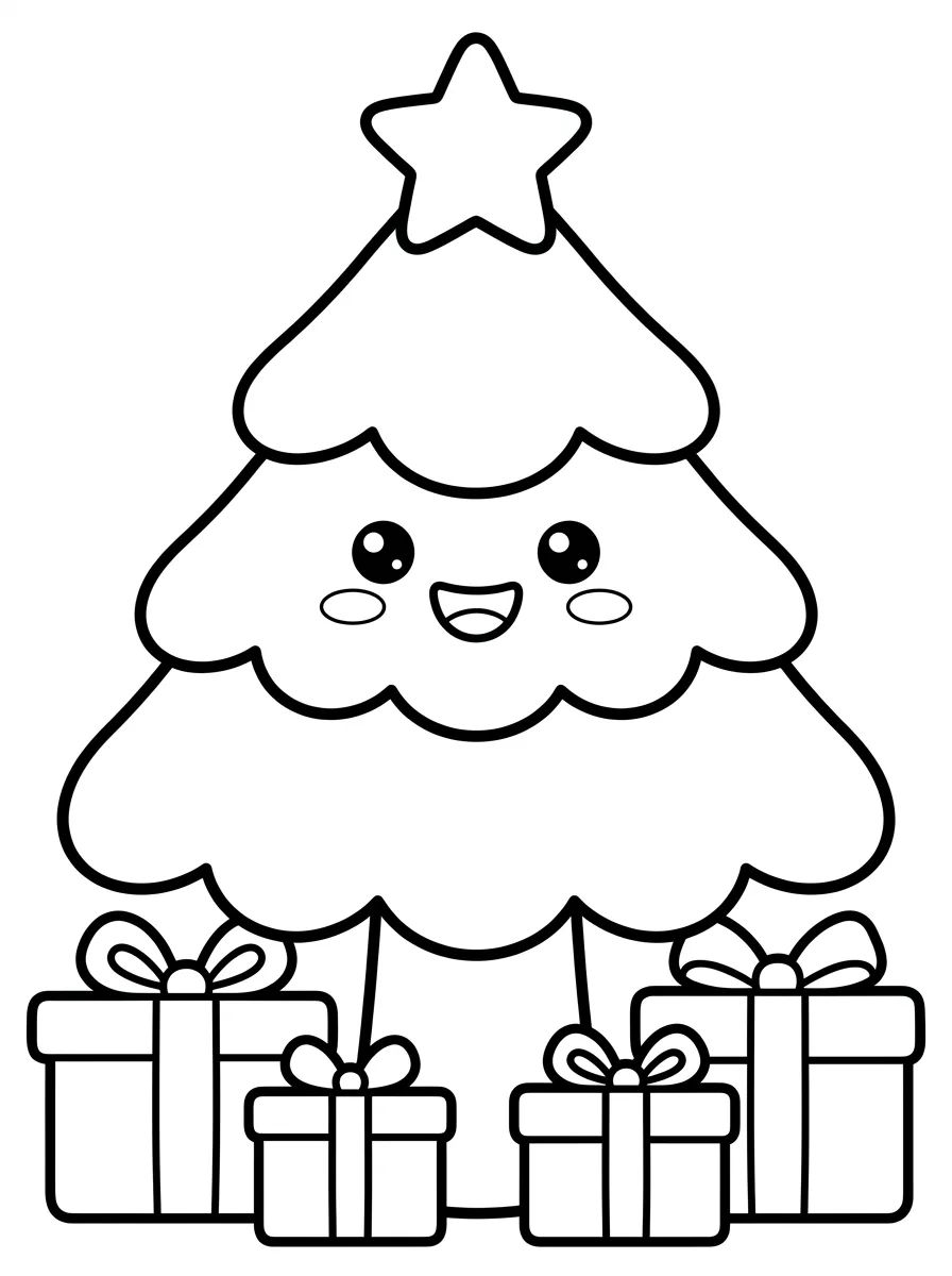 Árvore de Natal Kawaii com Presentes para colorir Desenho de Árvore de Natal Kawaii com Presentes para colorir e imprimir grátis