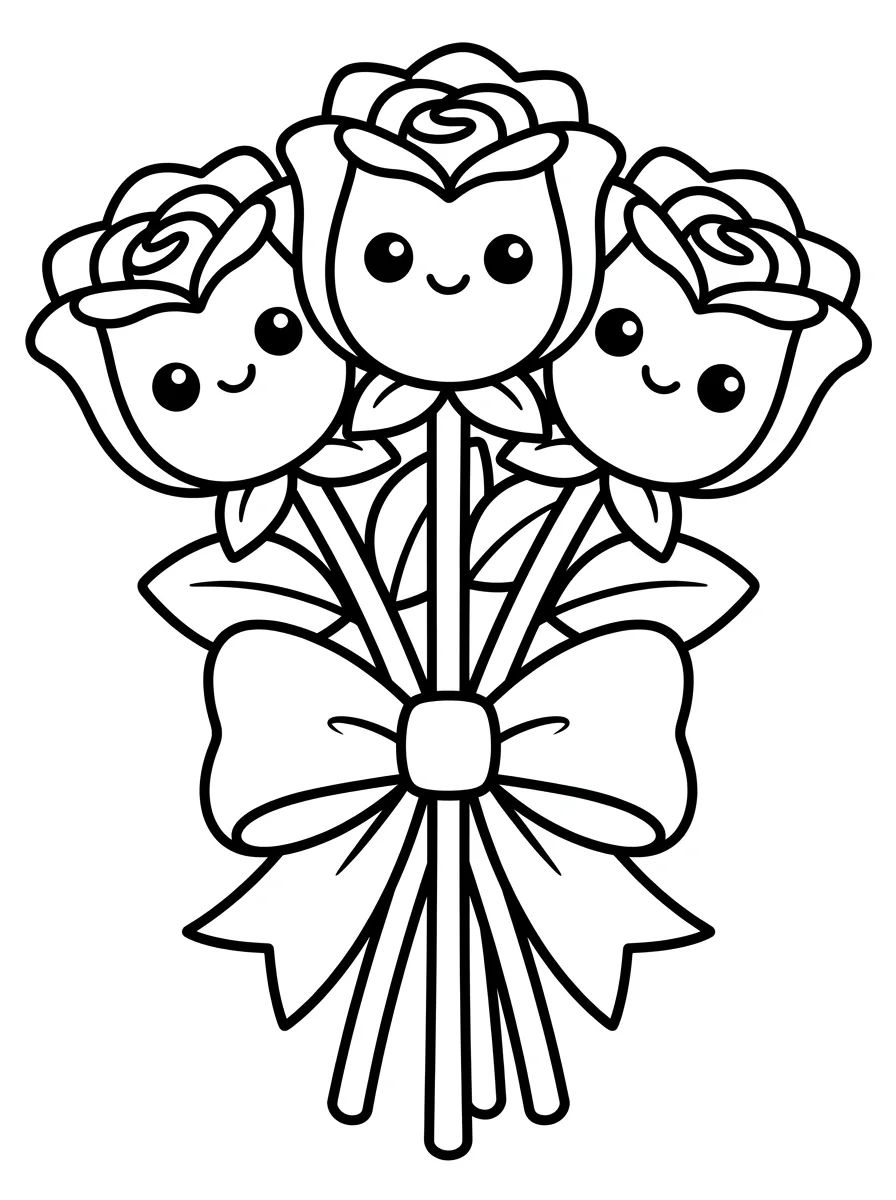Buquê de Rosas Kawaii para colorir Desenho de Buquê de Rosas Kawaii para colorir e imprimir grátis