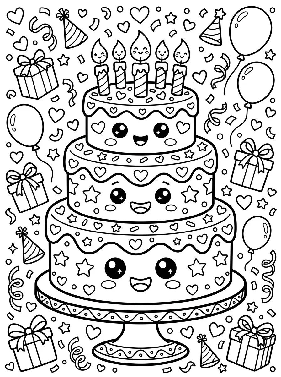 Bolo de Aniversário Sorridente para colorir Desenho de Bolo de Aniversário Sorridente para colorir e imprimir grátis
