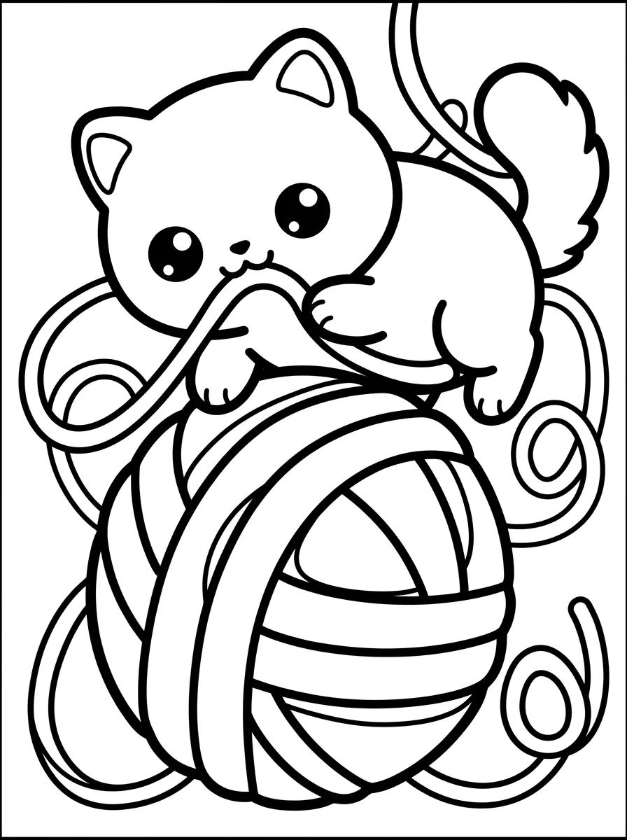 Gatinho Kawaii no Novelo de Lã para colorir Desenho de Gatinho Kawaii no Novelo de Lã para colorir e imprimir grátis