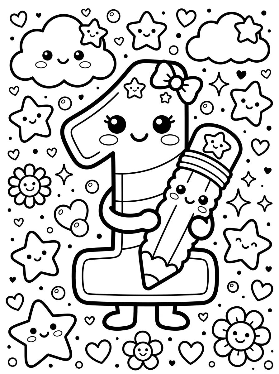 Número 1 Kawaii com Lápis para colorir Desenho de Número 1 Kawaii com Lápis para colorir e imprimir grátis