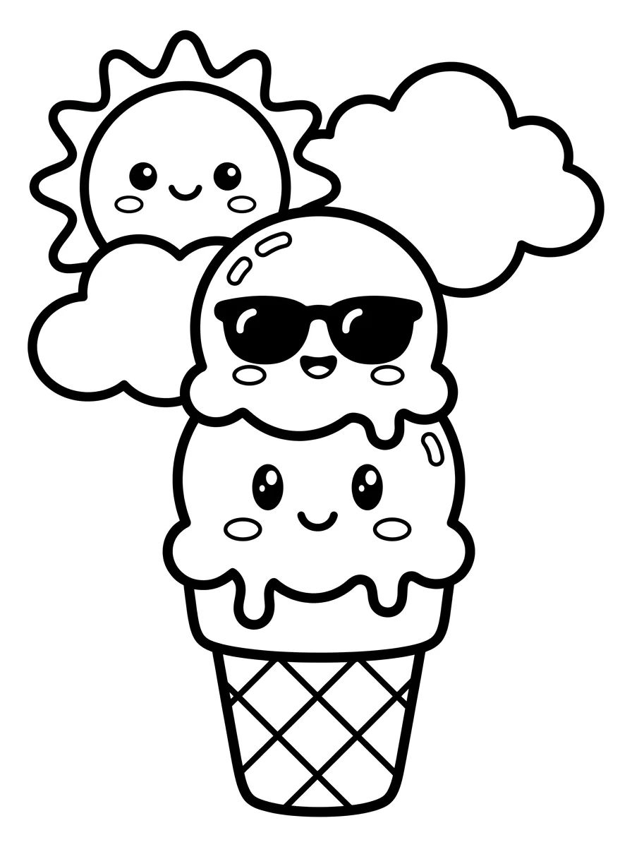 Sorvete de Casquinha Kawaii no Sol para colorir Desenho de Sorvete de Casquinha Kawaii no Sol para colorir e imprimir grátis