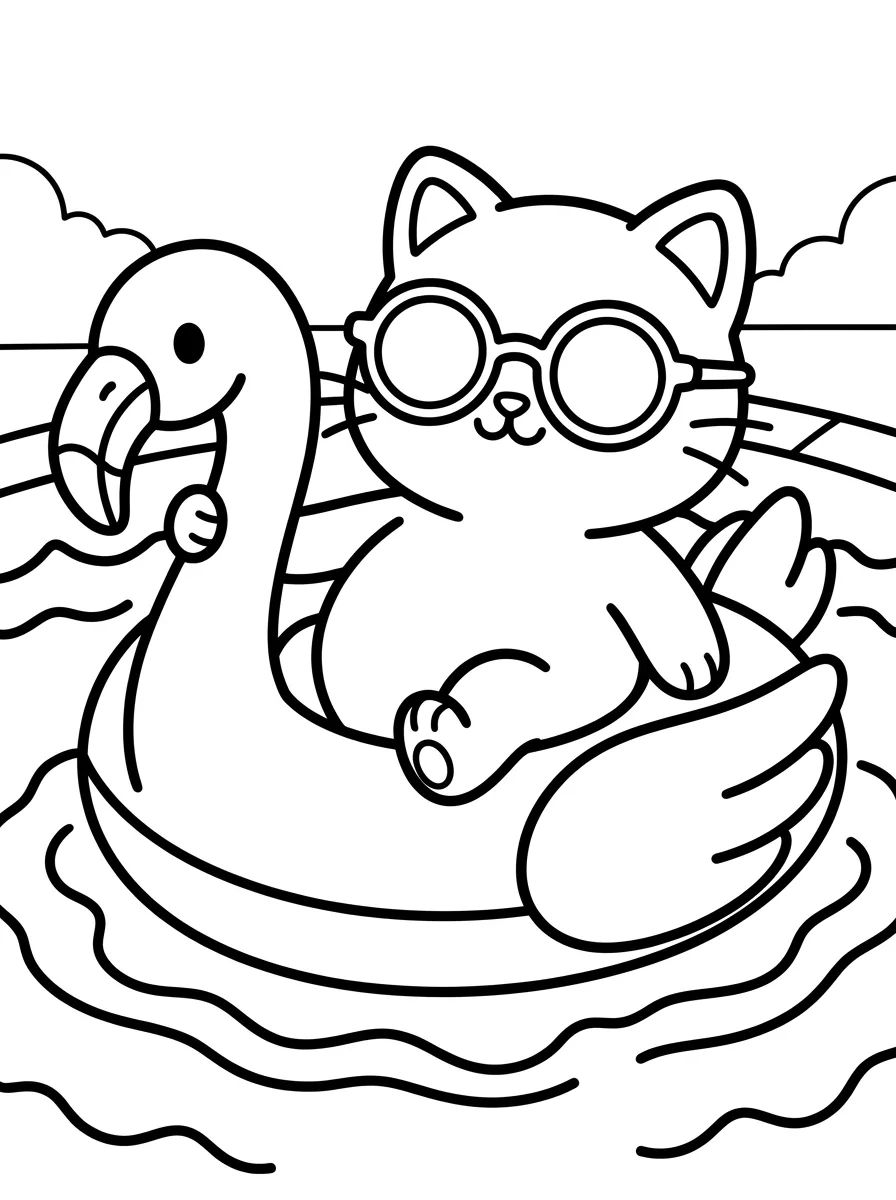 Gatinho na Bóia de Flamingo para colorir Desenho de Gatinho na Bóia de Flamingo para colorir e imprimir grátis