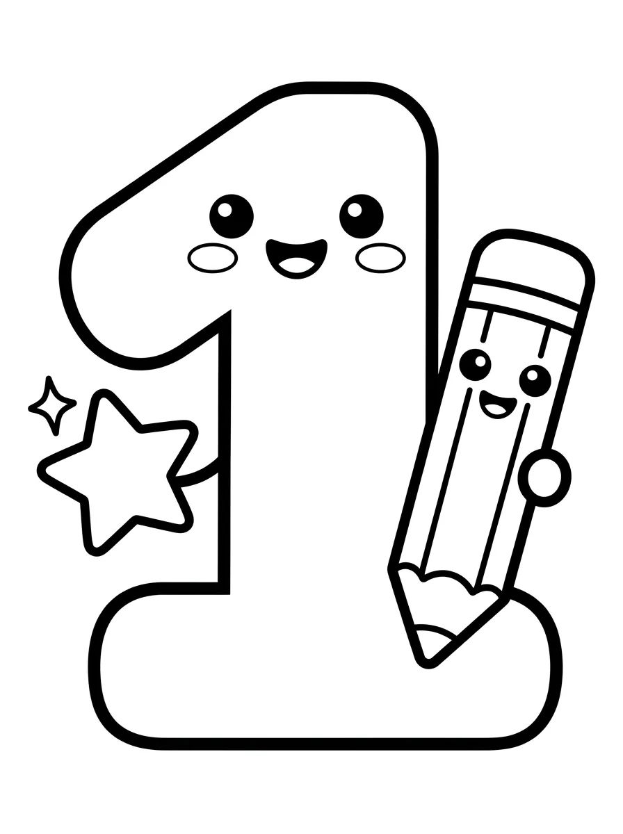 Número 1 Fofinho com Lápis para colorir Desenho de Número 1 Fofinho com Lápis para colorir e imprimir grátis