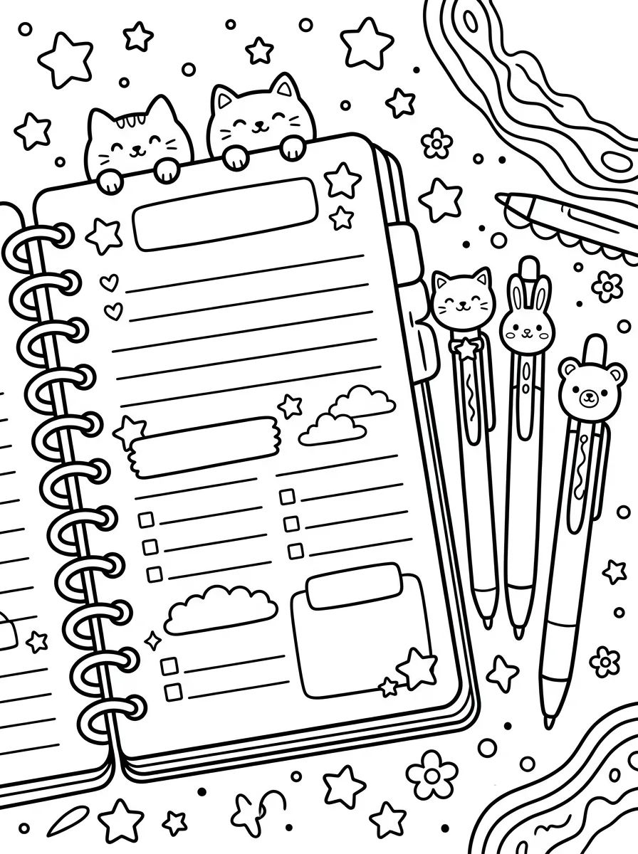 Open Planner with Kawaii Pens para colorir Desenho de Open Planner with Kawaii Pens para colorir e imprimir grátis