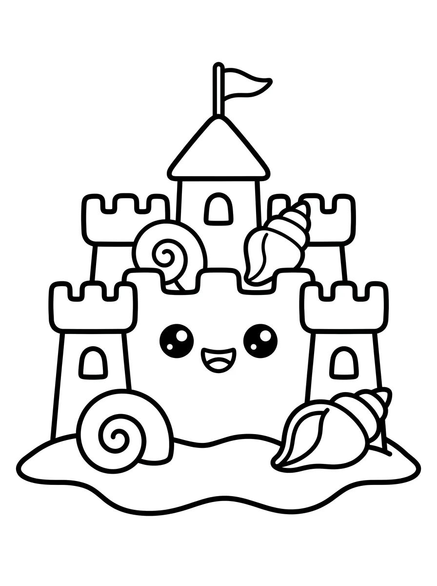 Castelo de Areia Kawaii com Conchinhas para colorir Desenho de Castelo de Areia Kawaii com Conchinhas para colorir e imprimir grátis