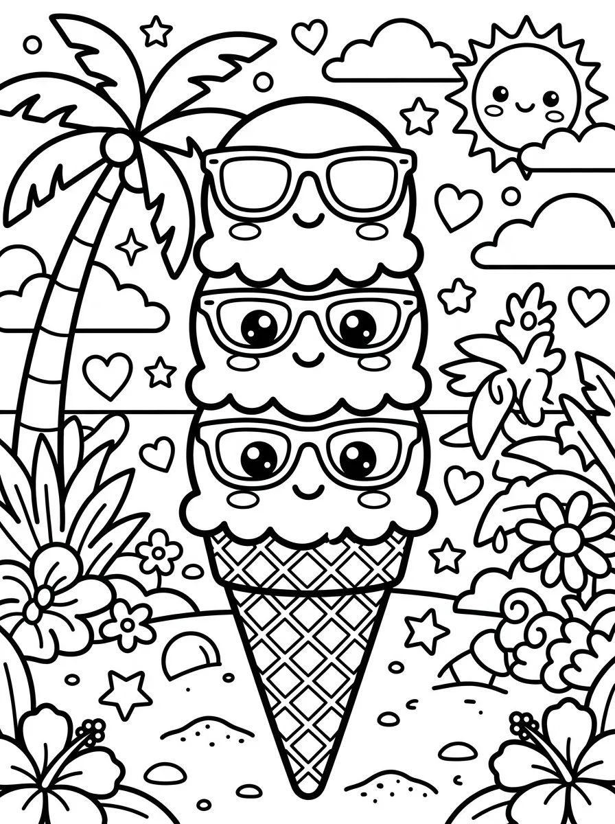 Casquinha de Sorvete Kawaii com Óculos de Sol para colorir Desenho de Casquinha de Sorvete Kawaii com Óculos de Sol para colorir e imprimir grátis