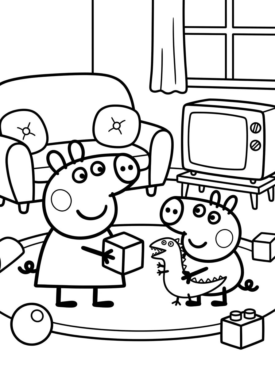 Peppa e George Brincando na Sala para colorir Desenho de Peppa e George Brincando na Sala para colorir e imprimir grátis