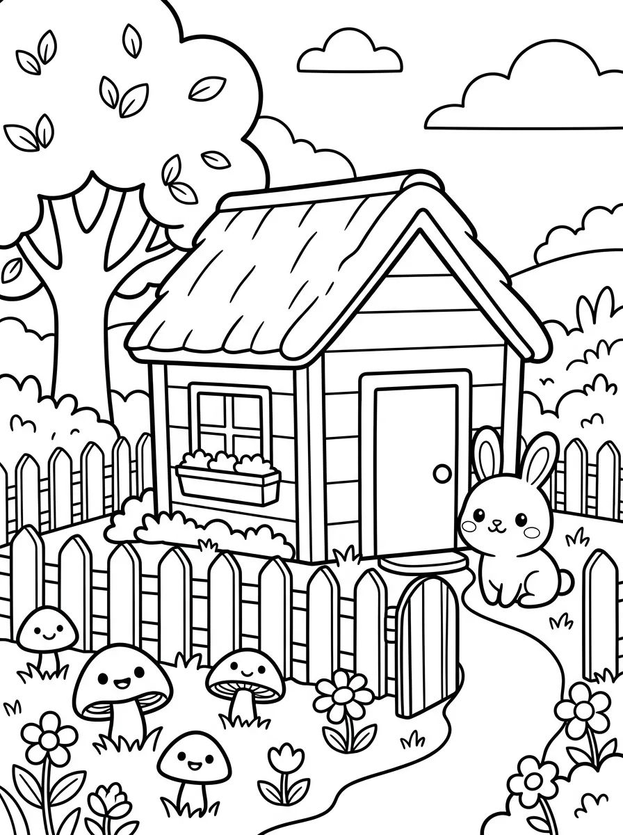 Casinha com Cerca e Coelhinho para colorir Desenho de Casinha com Cerca e Coelhinho para colorir e imprimir grátis